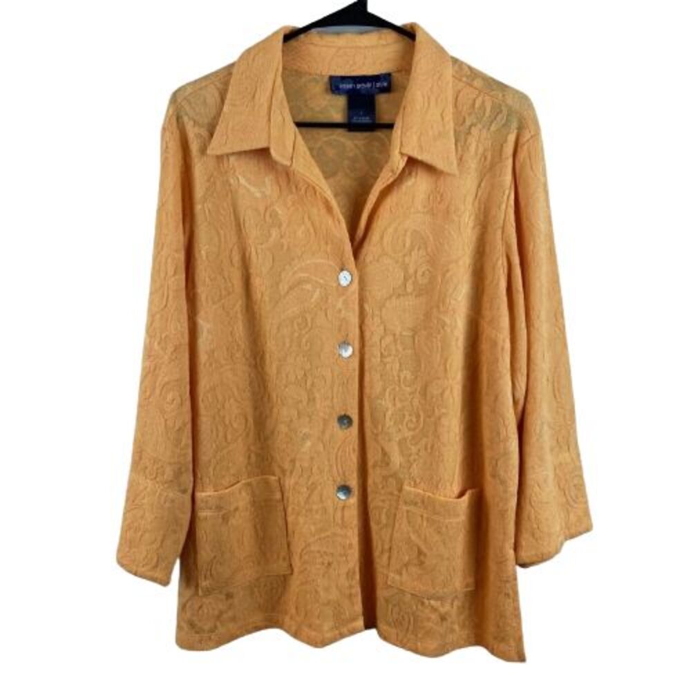 Susan Graver Style Womens Jacket Shirt Size Large-Orange Paisley Floral Made USA